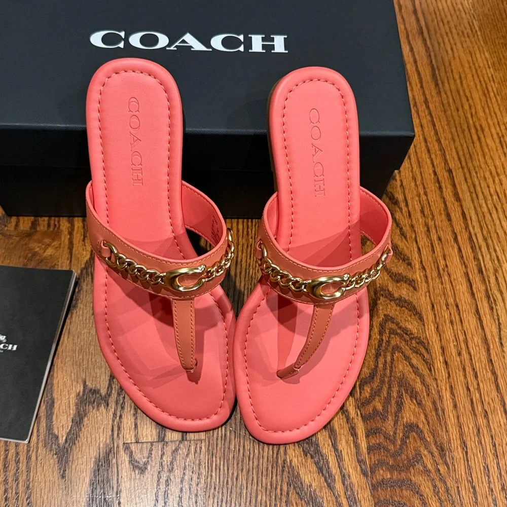 Coach coral Sandals with Gold Chain Accent. Jaclyn leather sandal size 8 B - Picture 2 of 7